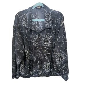 Vtg Willow Ridge 2X Satin Jacket 90s Button Up Floral Pockets Elastic Waist Y2k
